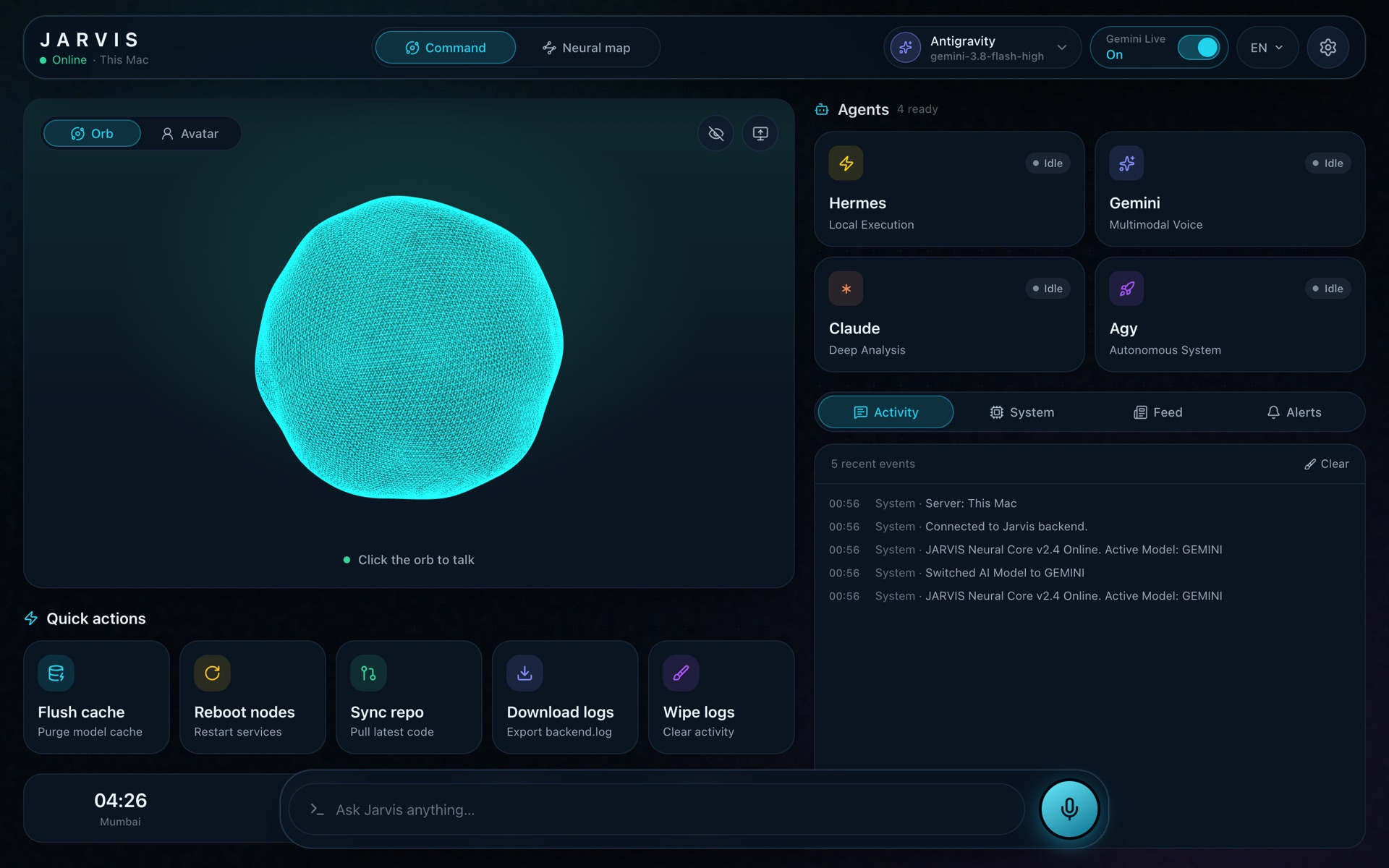 The JARVIS desktop app: the orb, agents, quick actions and activity