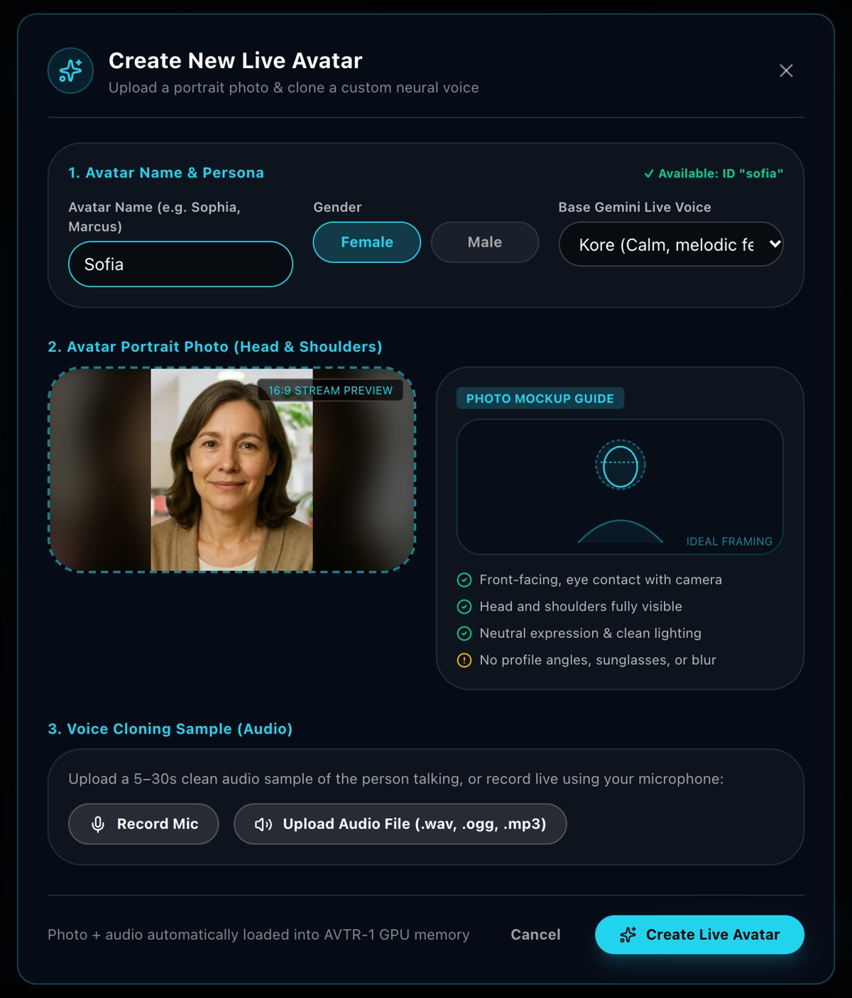 The Create New Live Avatar window in the JARVIS app: name, portrait photo and voice sample